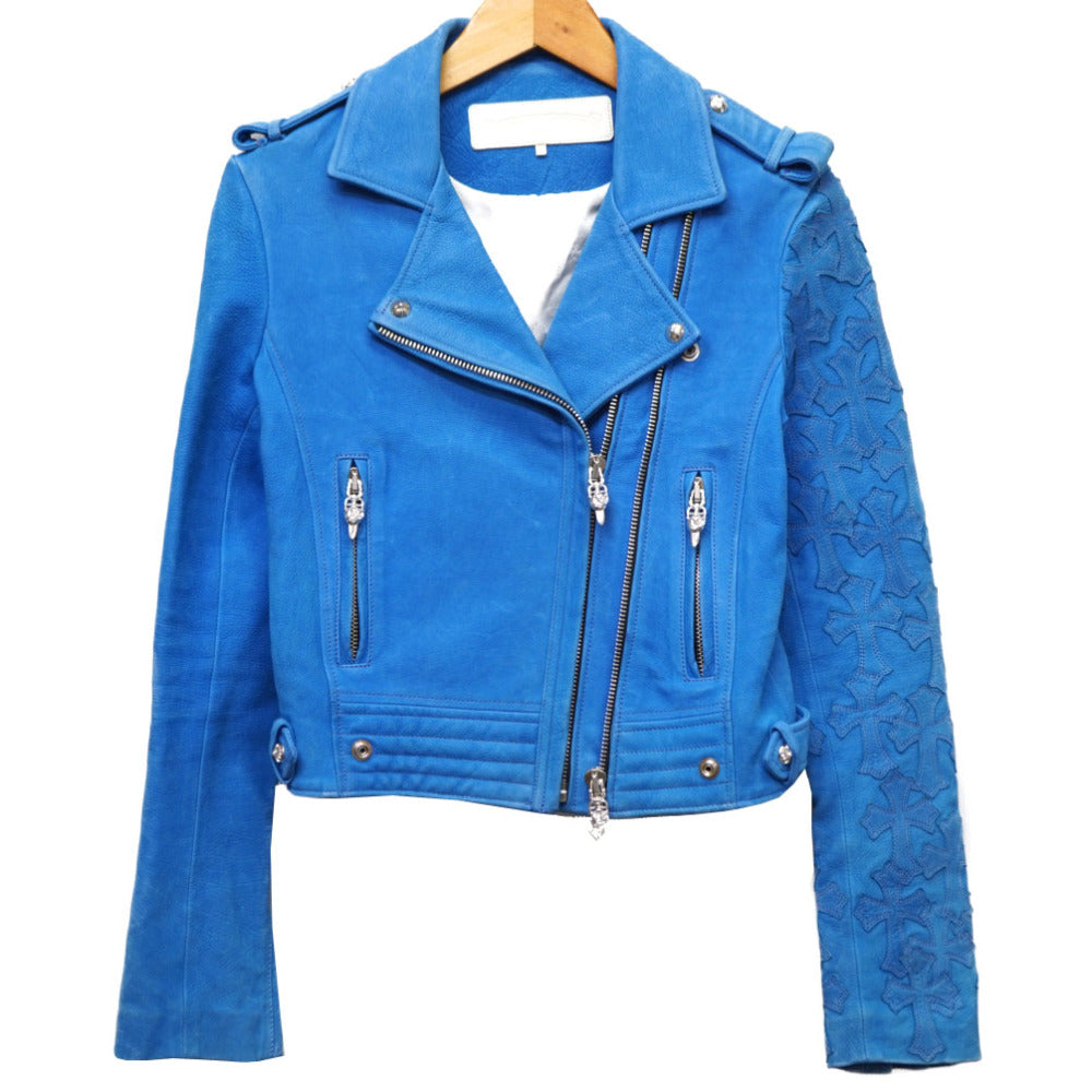 クロムハーツ ライダース ダブルジップ セメタリークロス ダブル ジャケット ライダースジャケット スウェード ブルー 0049 【中古】 CHROME HEARTS