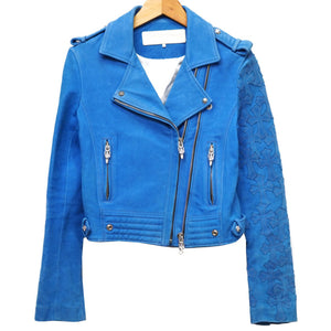 クロムハーツ ライダース ダブルジップ セメタリークロス ダブル ジャケット ライダースジャケット スウェード ブルー 0049 【中古】 CHROME HEARTS