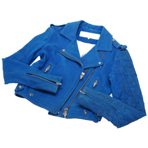 クロムハーツ ライダース ダブルジップ セメタリークロス ダブル ジャケット ライダースジャケット スウェード ブルー 0049 【中古】 CHROME HEARTS