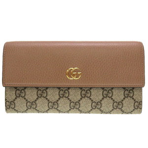 新品同様 グッチ GGマーモント 456116 GGスプリーム レザー ベージュ ピンク 2つ折り長財布 財布 0055【中古】GUCCI