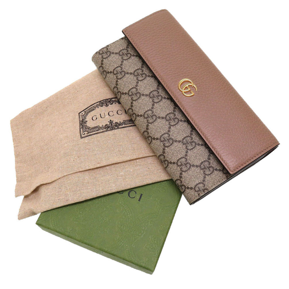 新品同様 グッチ GGマーモント 456116 GGスプリーム レザー ベージュ ピンク 2つ折り長財布 財布 0055【中古】GUCCI