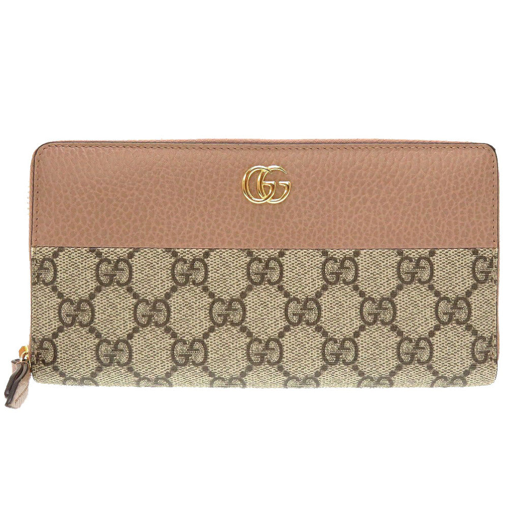 未使用 グッチ GGマーモント 456117 GGスプリーム レザー ベージュ ピンク ラウンドファスナー長財布 財布 0056【中古】GUCCI