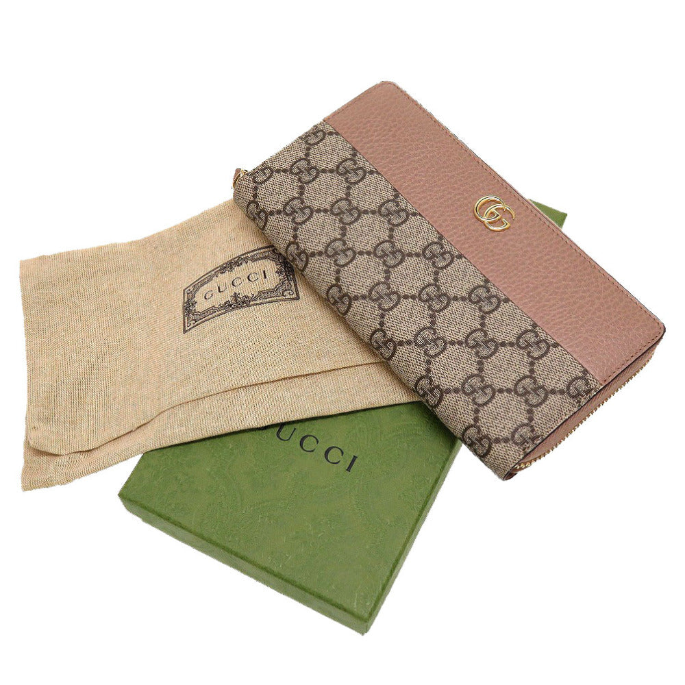 未使用 グッチ GGマーモント 456117 GGスプリーム レザー ベージュ ピンク ラウンドファスナー長財布 財布 0056【中古】GUCCI