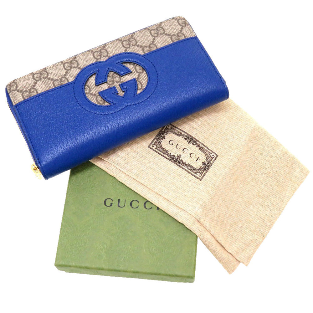 未使用 グッチ インターロッキングG 701423 GGスプリーム レザー ブルー 青 ラウンドファスナー長財布 財布 0028【中古】GUCCI