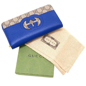 未使用 グッチ インターロッキングG 701423 GGスプリーム レザー ブルー 青 ラウンドファスナー長財布 財布 0028【中古】GUCCI