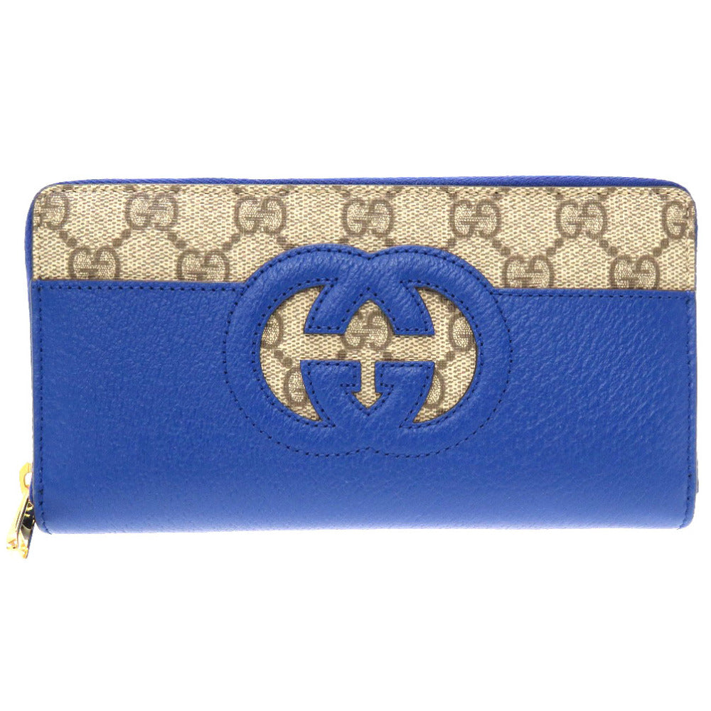 未使用 グッチ インターロッキングG 701423 GGスプリーム レザー ブルー 青 ラウンドファスナー長財布 財布 0028【中古】GUCCI