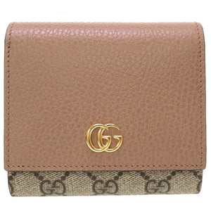 新品 グッチ GGマーモント 598587 コンパクトウォレット GGスプリーム レザー ベージュ ピンク 2つ折り財布 財布 0030【中古】GUCCI