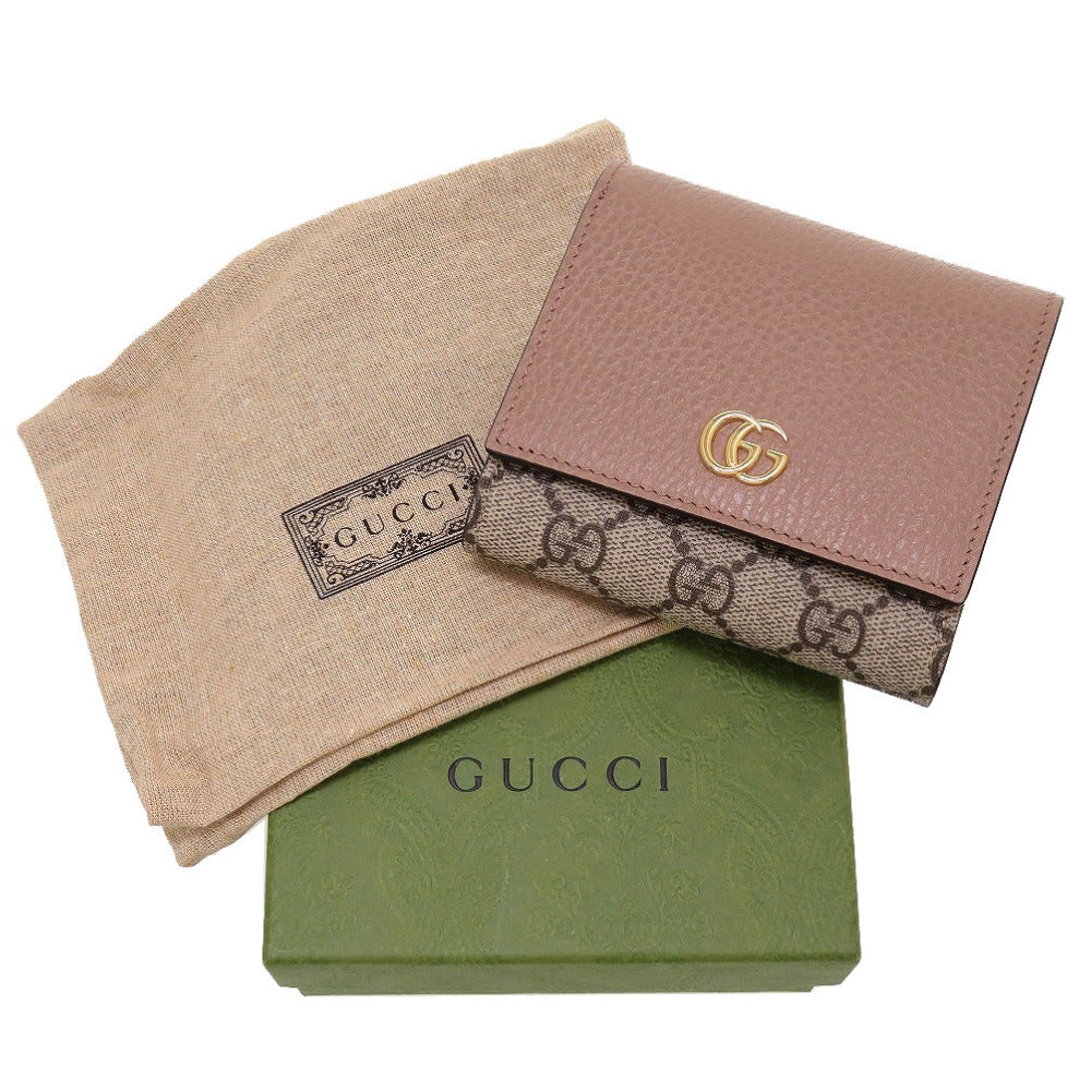 新品 グッチ GGマーモント 598587 コンパクトウォレット GGスプリーム レザー ベージュ ピンク 2つ折り財布 財布 0030【中古】GUCCI