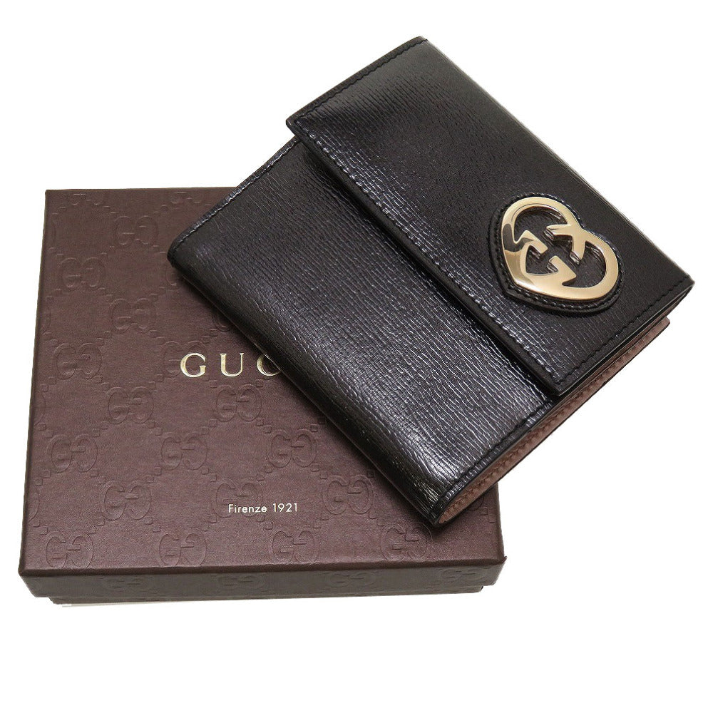 新品 グッチ Gハート コンパクトウォレット 245727 レザー ブラック 黒 Wホック財布 財布 0032【中古】GUCCI
