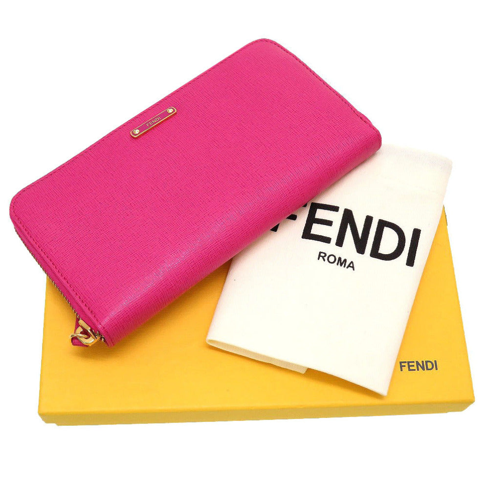 新品同様 フェンディ 8M0299 ロゴ レザー ピンク ラウンドファスナー長財布 財布 0034【中古】FENDI