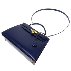 エルメス ケリー32 外縫い ボックスカーフ ブルーロイ ゴールド金具 〇Y刻印 ハンドバッグ バッグ 青 0049 【中古】 HERMES