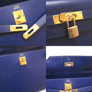 エルメス ケリー32 外縫い ボックスカーフ ブルーロイ ゴールド金具 〇Y刻印 ハンドバッグ バッグ 青 0049 【中古】 HERMES