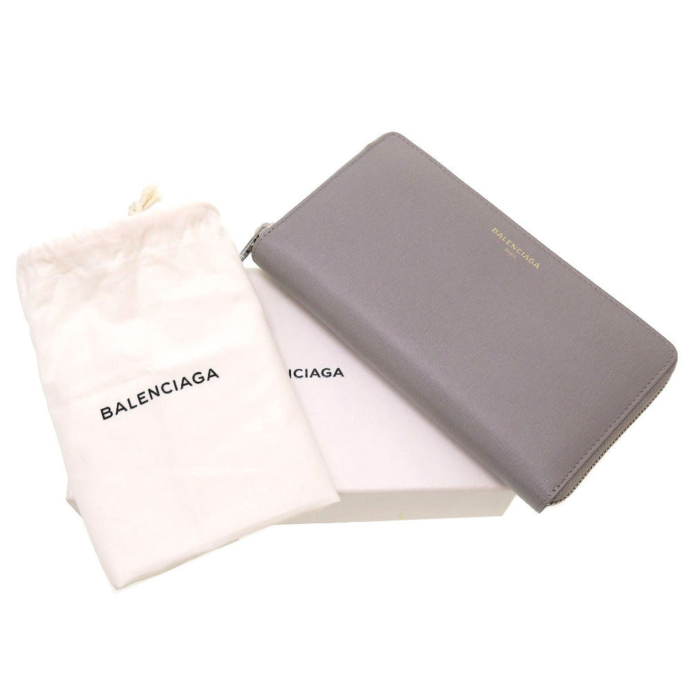新品同様 バレンシアガ 490625 レザー グレー ラウンドファスナー長財布 財布 0052【中古】BALENCIAGA