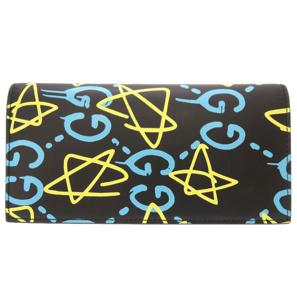 新品同様 グッチ ゴースト GHOST レザー ブラック ブルー イエロー 448466 長財布 財布 黒 0067 【中古】 GUCCI メンズ