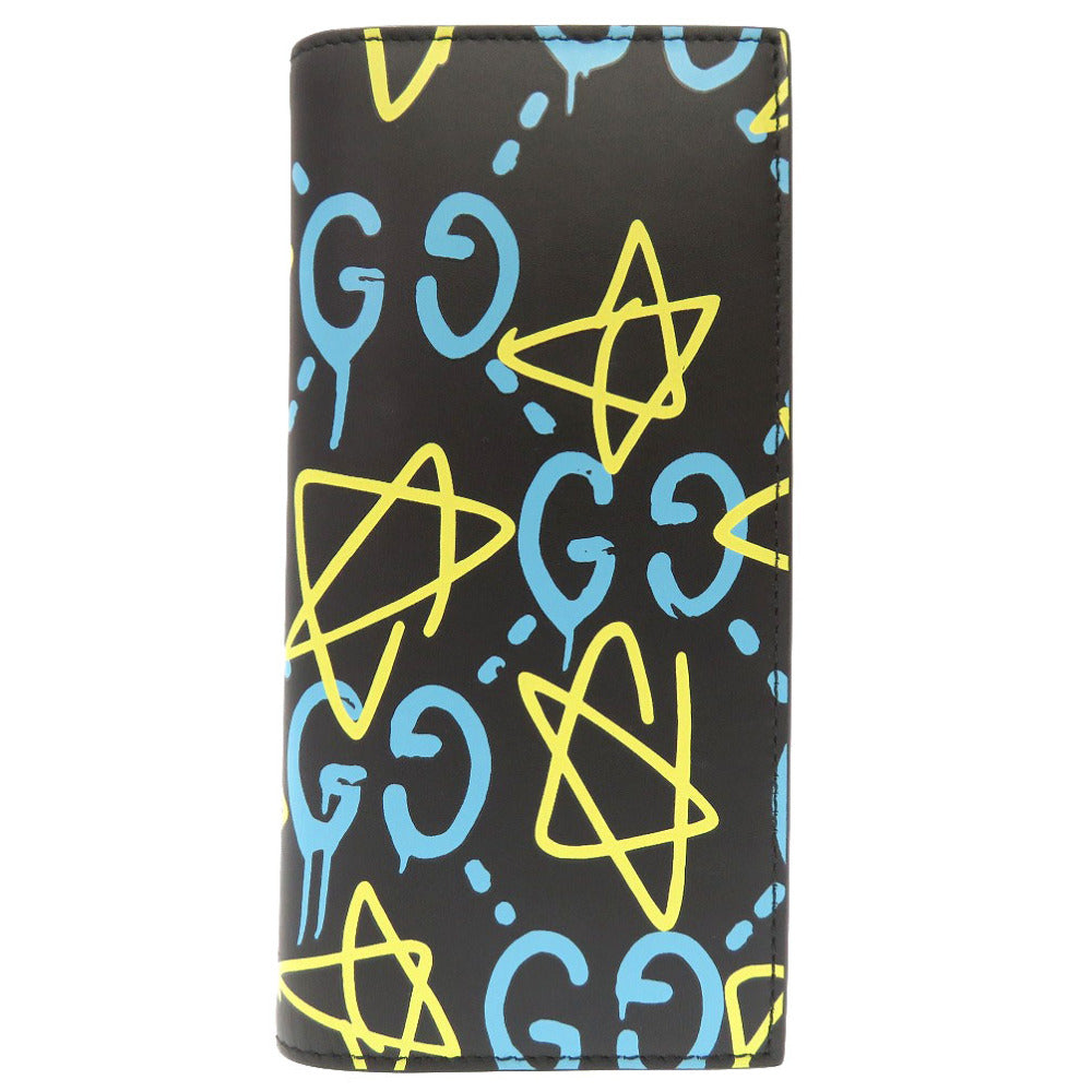 新品同様 グッチ ゴースト GHOST レザー ブラック ブルー イエロー 448466 長財布 財布 黒 0067 【中古】 GUCCI メンズ