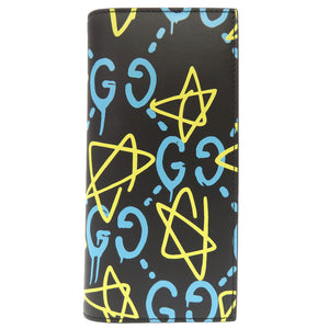 新品同様 グッチ ゴースト GHOST レザー ブラック ブルー イエロー 448466 長財布 財布 黒 0067 【中古】 GUCCI メンズ
