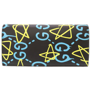 新品同様 グッチ ゴースト GHOST レザー ブラック ブルー イエロー 448466 長財布 財布 黒 0067 【中古】 GUCCI メンズ