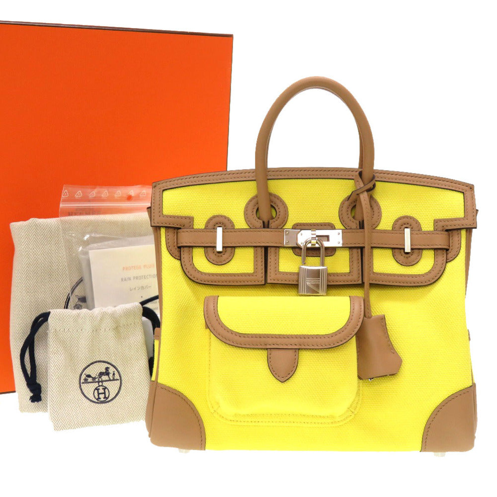 未使用 エルメス バーキンカーゴ25 ヴォースイフト トワルゴエラン ジョーヌシトロン チャイ シルバー金具 U刻印(2022年製) ハンドバッグ バッグ 黄 茶 0069 【中古】 HERMES バーキン25 カーゴ