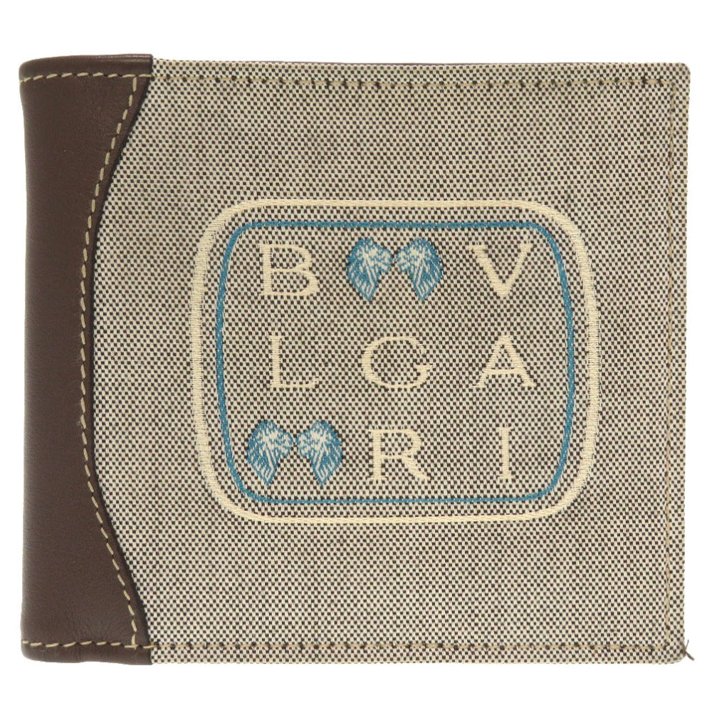 新品同様 ブルガリ レオーニ キャンバス レザー グレー ブラウン 二つ折り財布 財布 茶 0074 【中古】 BVLGARI