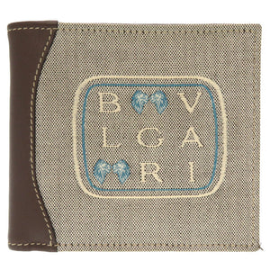 新品同様 ブルガリ レオーニ キャンバス レザー グレー ブラウン 二つ折り財布 財布 茶 0074 【中古】 BVLGARI