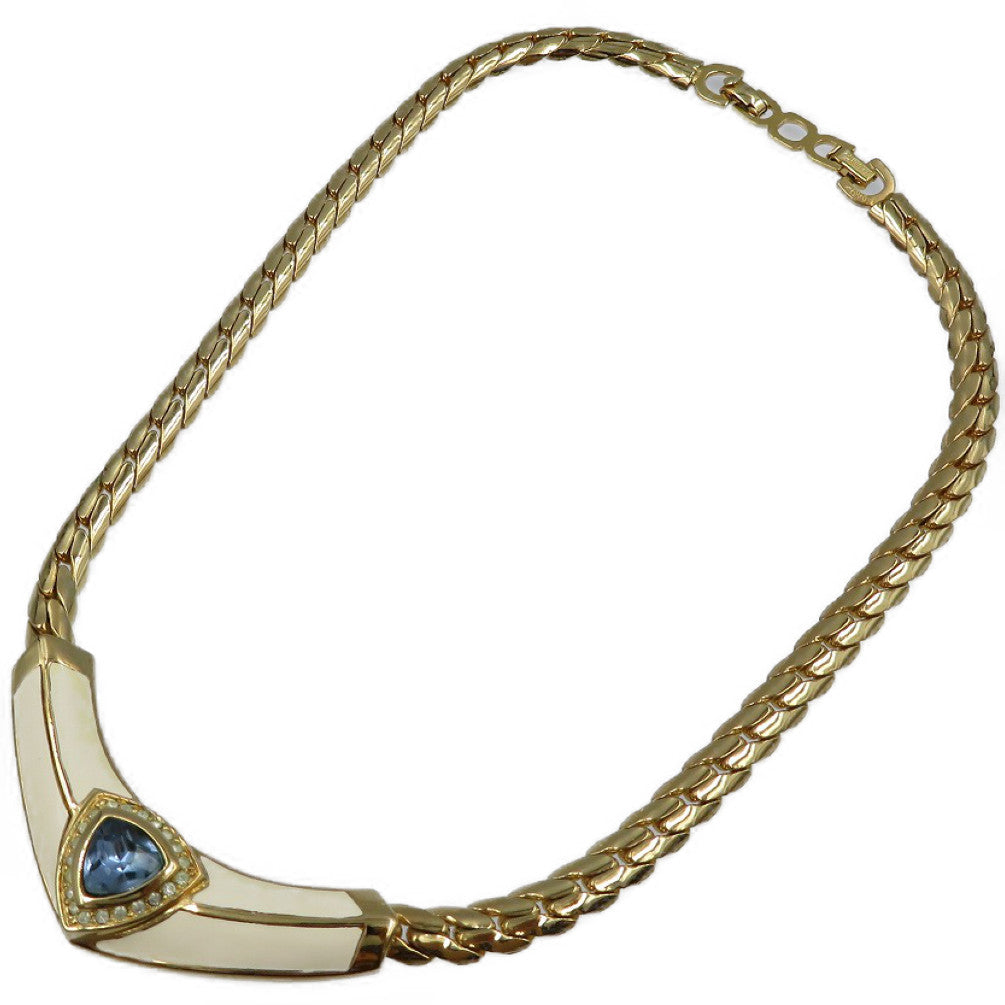 クリスチャンディオール ヴィンテージ メタル ラインストーン ゴールド ホワイト ブルー チョーカー ネックレス 0084【中古】Christian Dior