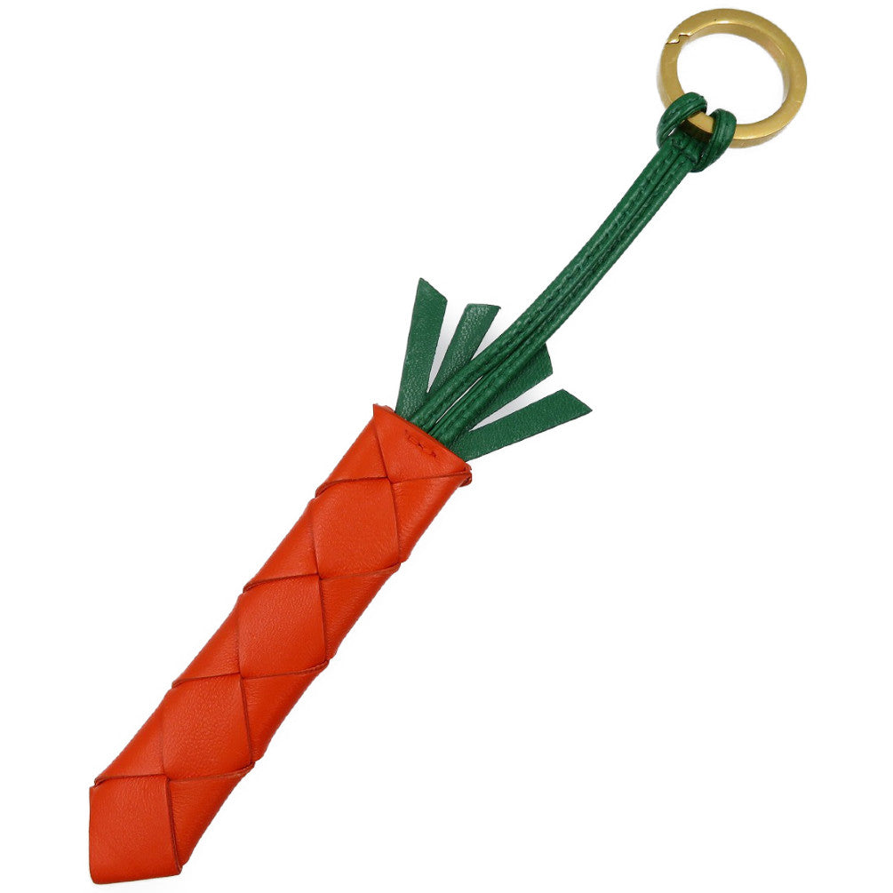 美品 ボッテガヴェネタ にんじん ラムレザー メタル ゴールド金具 オレンジ グリーン キーホルダー 0007【中古】BOTTEGA VENETA