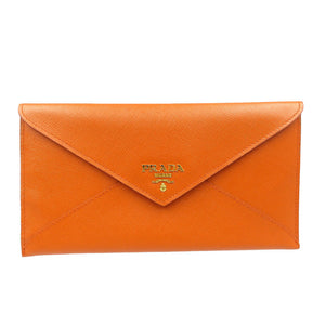 新品同様 プラダ エンベロープ レザー ゴールド金具 オレンジ 長財布 ドキュメントケース 0015【中古】PRADA