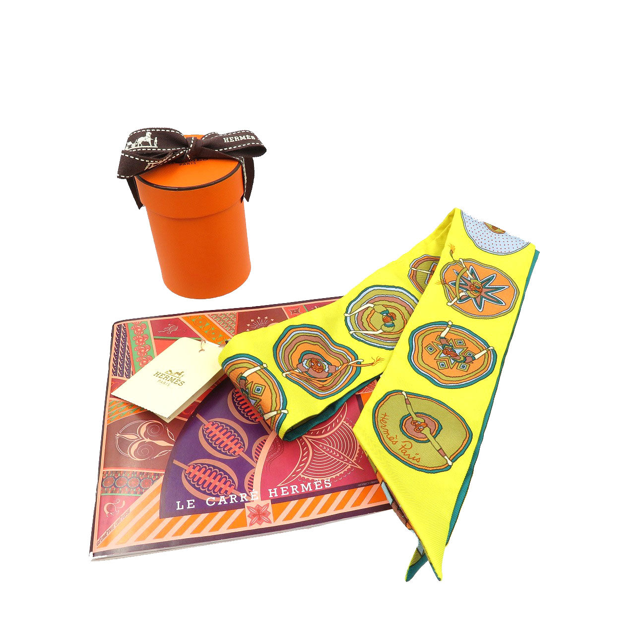 未使用 エルメス ツイリー シルク イエロー 黄色 オレンジ マルチカラー スカーフ 0024【中古】HERMES