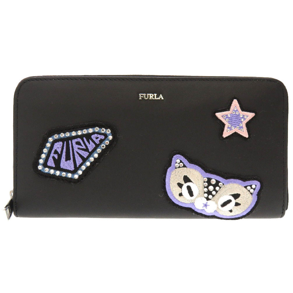 未使用 フルラ 猫 キャット レザー ブラック 977901 ラウンドファスナー 長財布 財布 黒 0046 【中古】 FURLA
