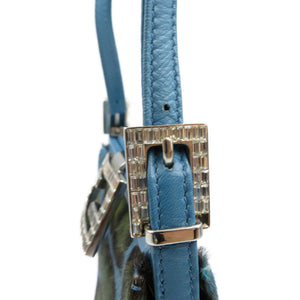 美品 フェンディ ヒョウ柄 ハラコ レザー シルバー金具 ブルー ブラック ショルダーバッグ パーティーバッグ 0065【中古】FENDI