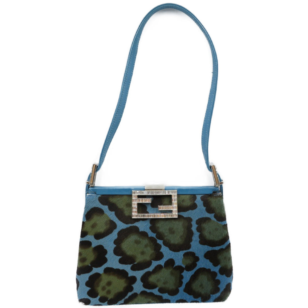 美品 フェンディ ヒョウ柄 ハラコ レザー シルバー金具 ブルー ブラック ショルダーバッグ パーティーバッグ 0065【中古】FENDI