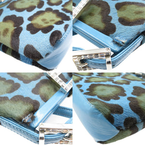 美品 フェンディ ヒョウ柄 ハラコ レザー シルバー金具 ブルー ブラック ショルダーバッグ パーティーバッグ 0065【中古】FENDI