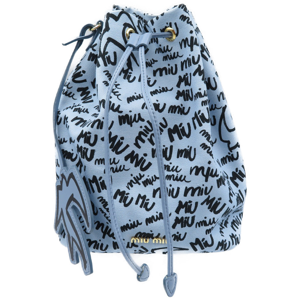 未使用 ミュウミュウ キャンバス ゴールド金具 ライトブルー ブラック 巾着バッグ 0070【中古】MIUMIU