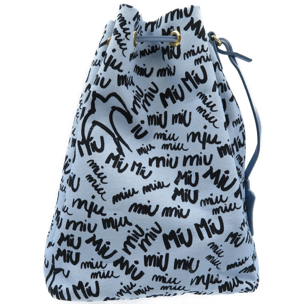 未使用 ミュウミュウ キャンバス ゴールド金具 ライトブルー ブラック 巾着バッグ 0070【中古】MIUMIU