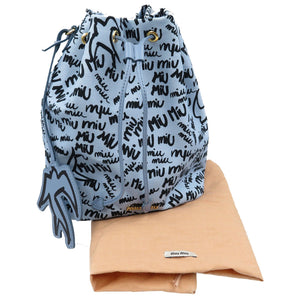 未使用 ミュウミュウ キャンバス ゴールド金具 ライトブルー ブラック 巾着バッグ 0070【中古】MIUMIU