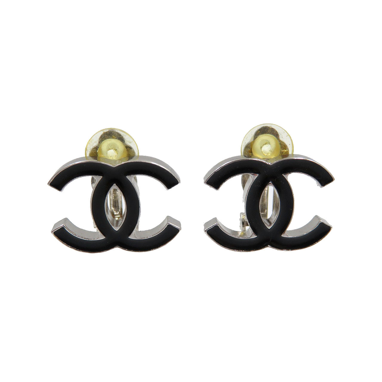 美品 シャネル ヴィンテージ ココマーク メタル ブラック シルバー イヤリング 0086【中古】CHANEL