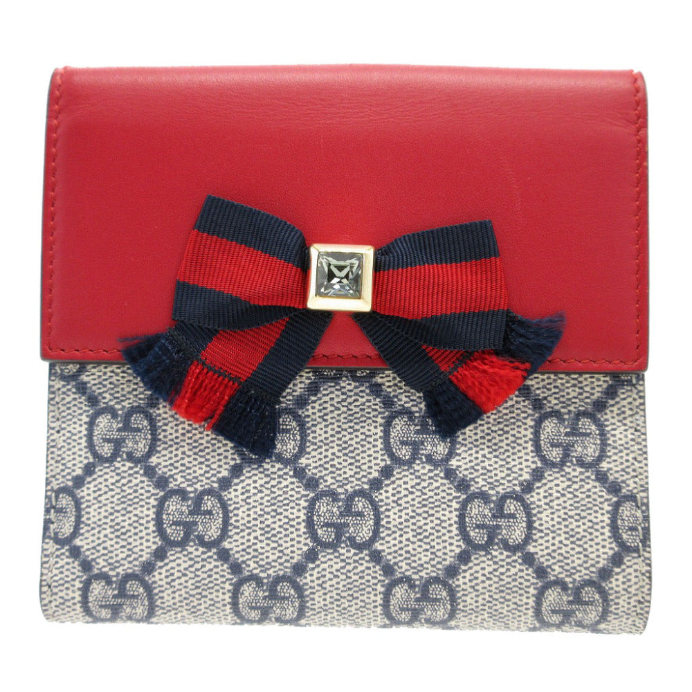 美品 グッチ ウェビングライン 435291 リボン GGスプリーム レザー ベージュ レッド 赤 ネイビー 紺 Wホック財布 財布 0119【中古】GUCCI