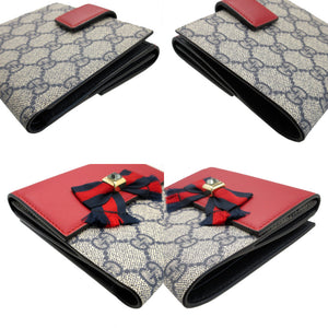 美品 グッチ ウェビングライン 435291 リボン GGスプリーム レザー ベージュ レッド 赤 ネイビー 紺 Wホック財布 財布 0119【中古】GUCCI