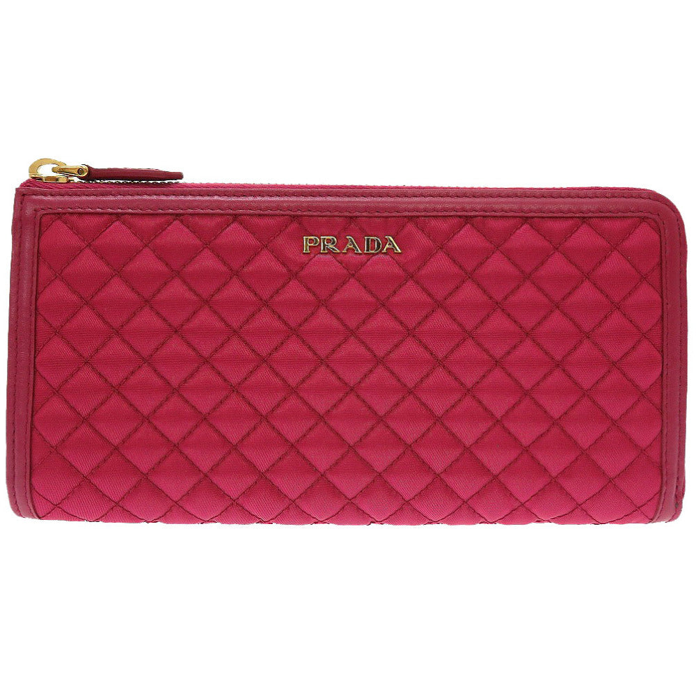 新品同様 プラダ 1M1183 キルティング ナイロン レザー ピンク L字ファスナー長財布 財布 0136【中古】PRADA