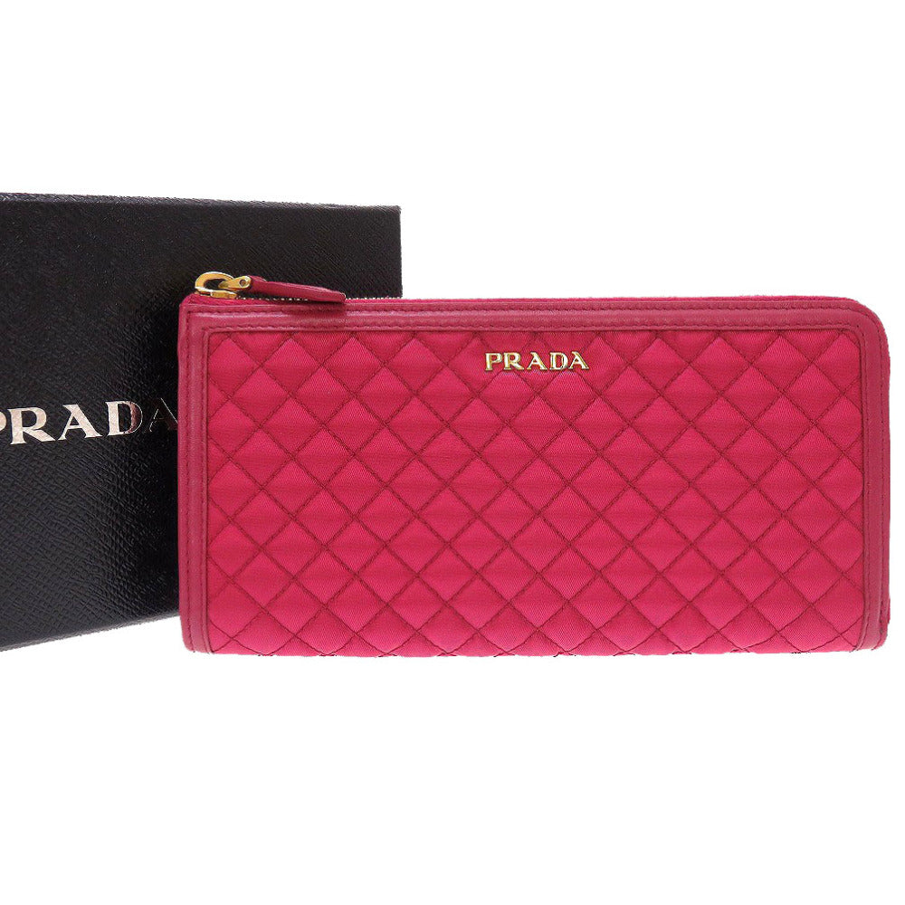 新品同様 プラダ 1M1183 キルティング ナイロン レザー ピンク L字ファスナー長財布 財布 0136【中古】PRADA