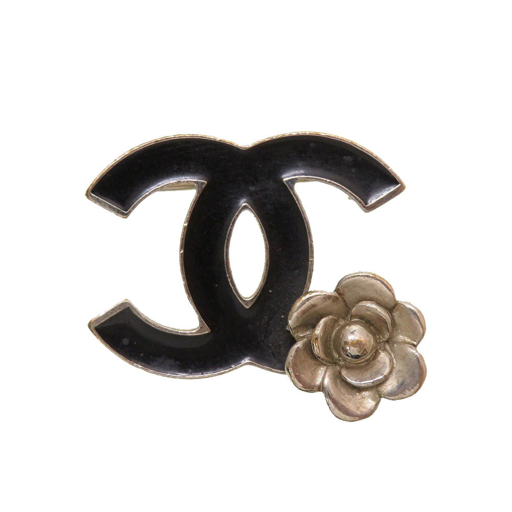 美品 シャネル ココマーク カメリア 07P メタル ブラック 黒 シルバー ブローチ 0144【中古】CHANEL