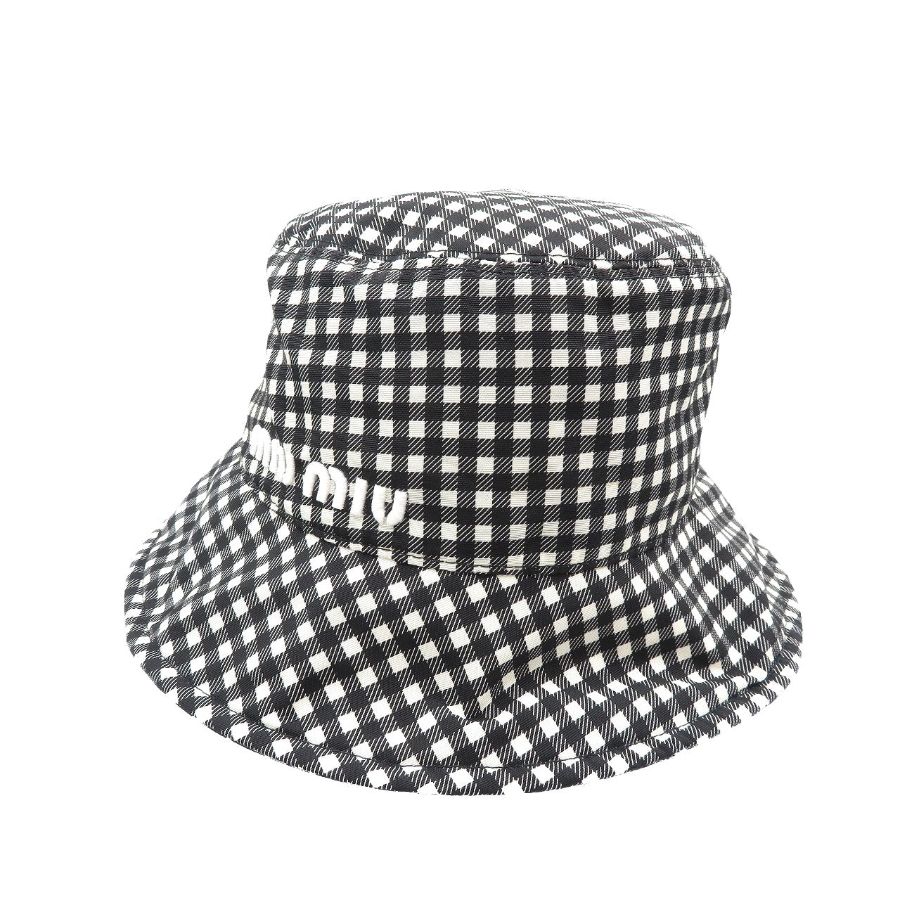 未使用 ミュウミュウ 5HC196 2B4L ギンガムチェック シルク ブラック ホワイト バケットハット 帽子 0149【中古】MIUMIU