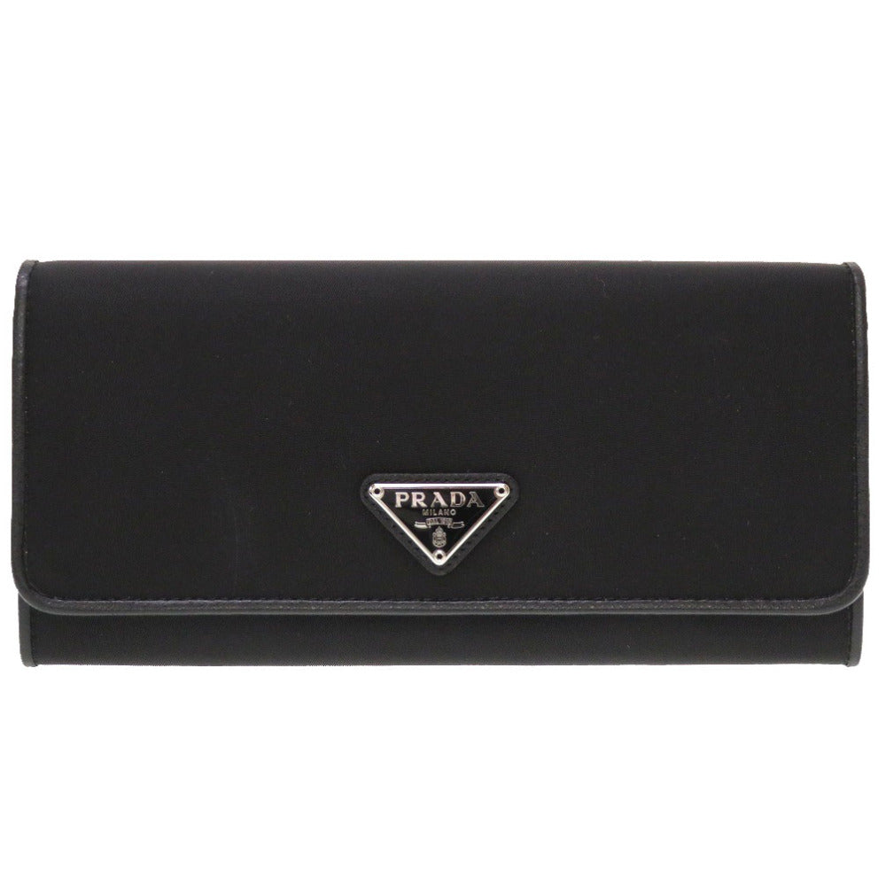 美品 プラダ ナイロン レザー ブラック ロゴ プレート 1MH132 長財布 財布 黒 0164 【中古】 PRADA