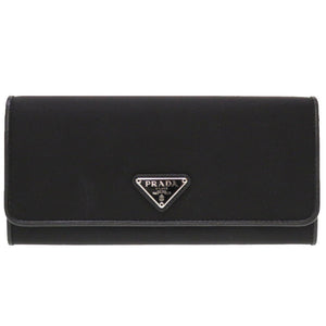 美品 プラダ ナイロン レザー ブラック ロゴ プレート 1MH132 長財布 財布 黒 0164 【中古】 PRADA