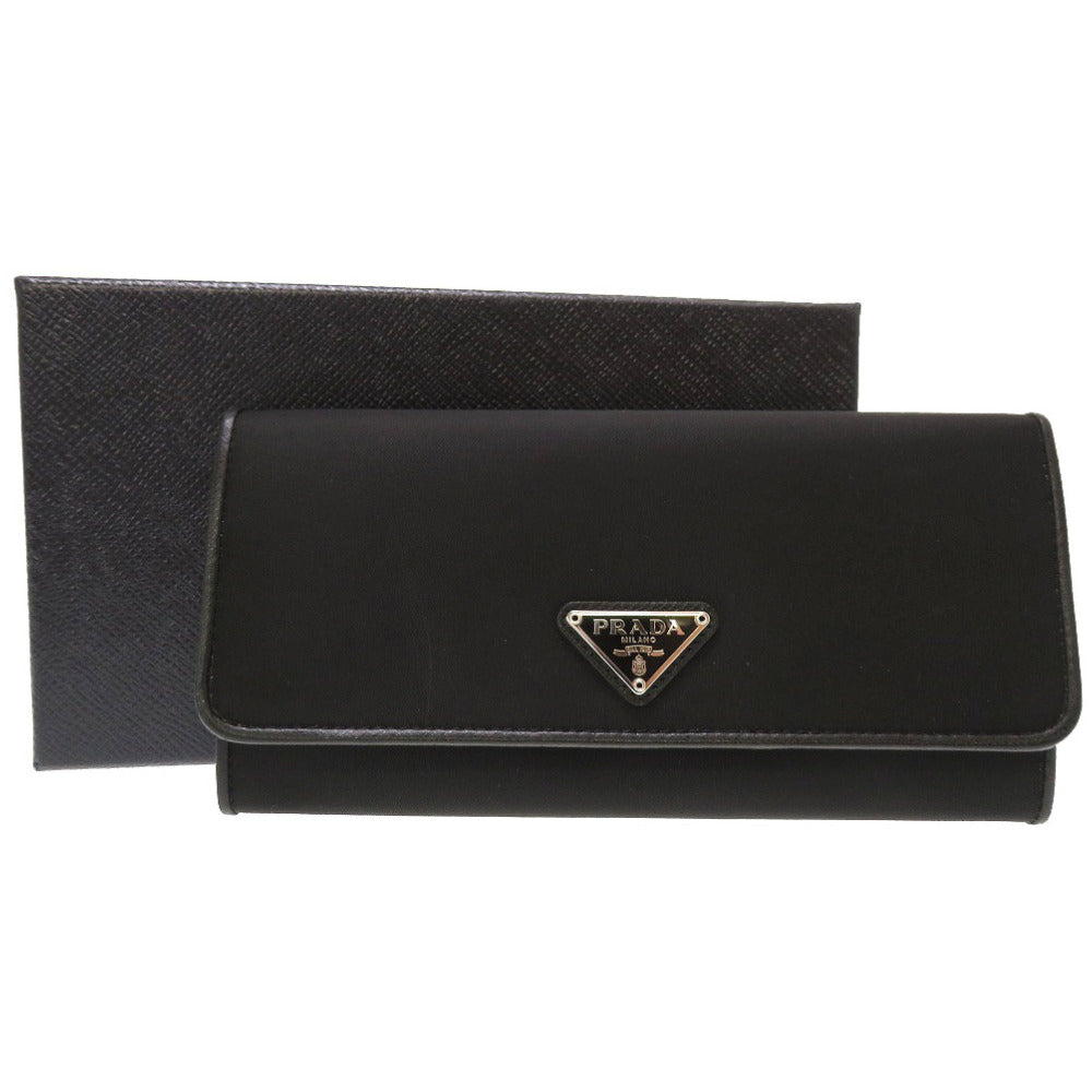 美品 プラダ ナイロン レザー ブラック ロゴ プレート 1MH132 長財布 財布 黒 0164 【中古】 PRADA