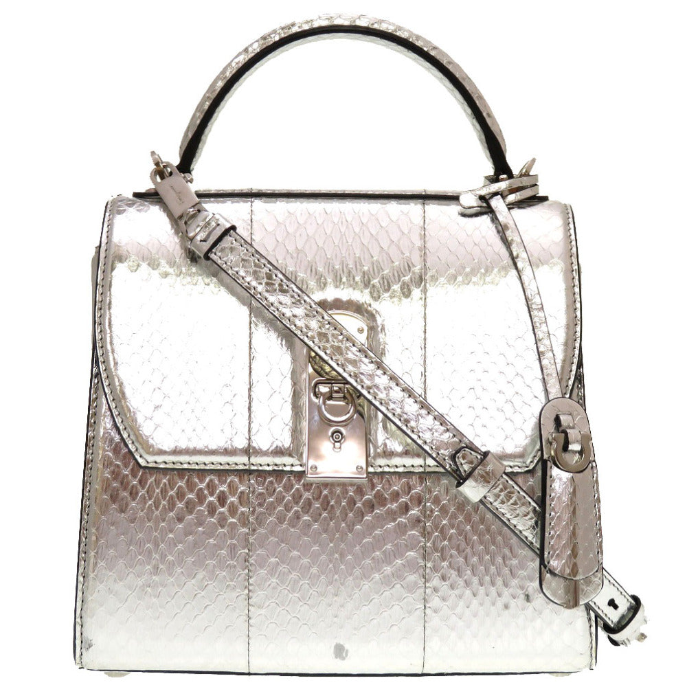 美品 サルヴァトーレ フェラガモ ボクシィズ ミディアム BOXYS FZ-21 1061 シルバー レザー 2WAY ハンドバッグ 0180 【中古】 Salvatore Ferragamo ボクシーズ