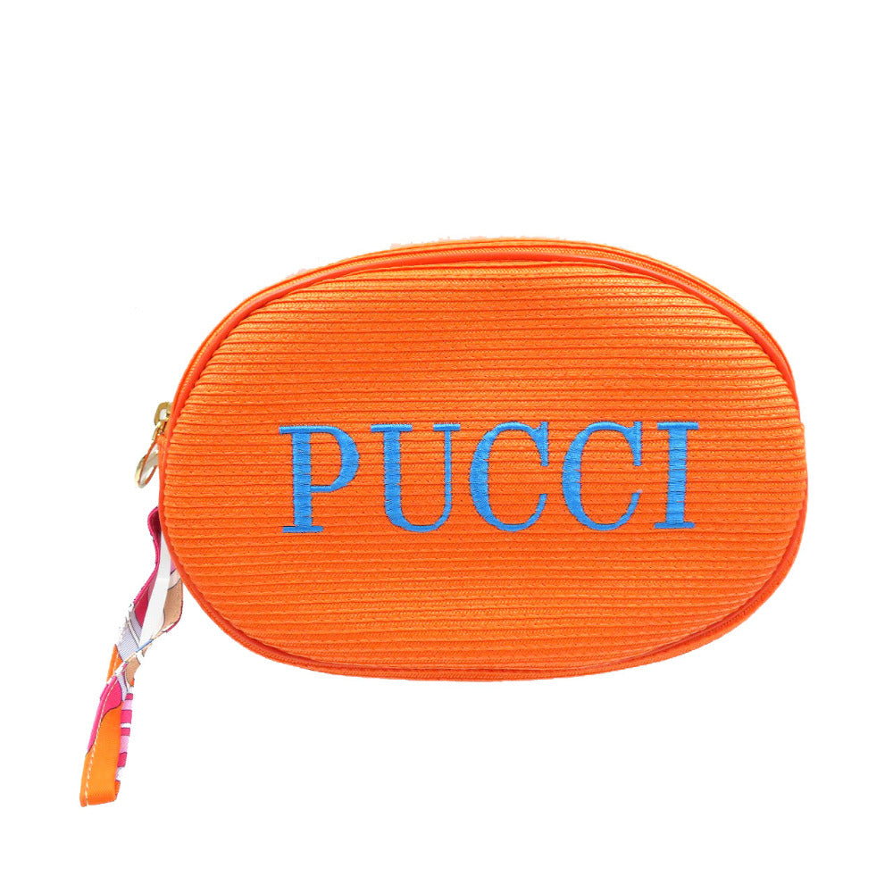 未使用 エミリオプッチ ストロー ナイロン ゴールド金具 オレンジ マルチカラー ポーチ クラッチバッグ 0202【中古】EMILIO PUCCI