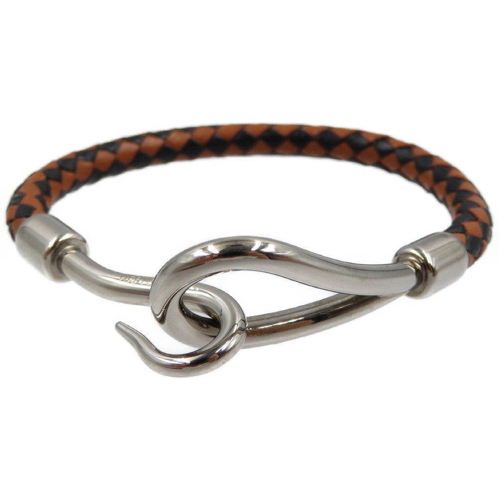 美品 エルメス ジャンボ ブレスレット メッシュ レザー メタル ブラウン ブラック シルバー ブレスレット 0019【中古】HERMES