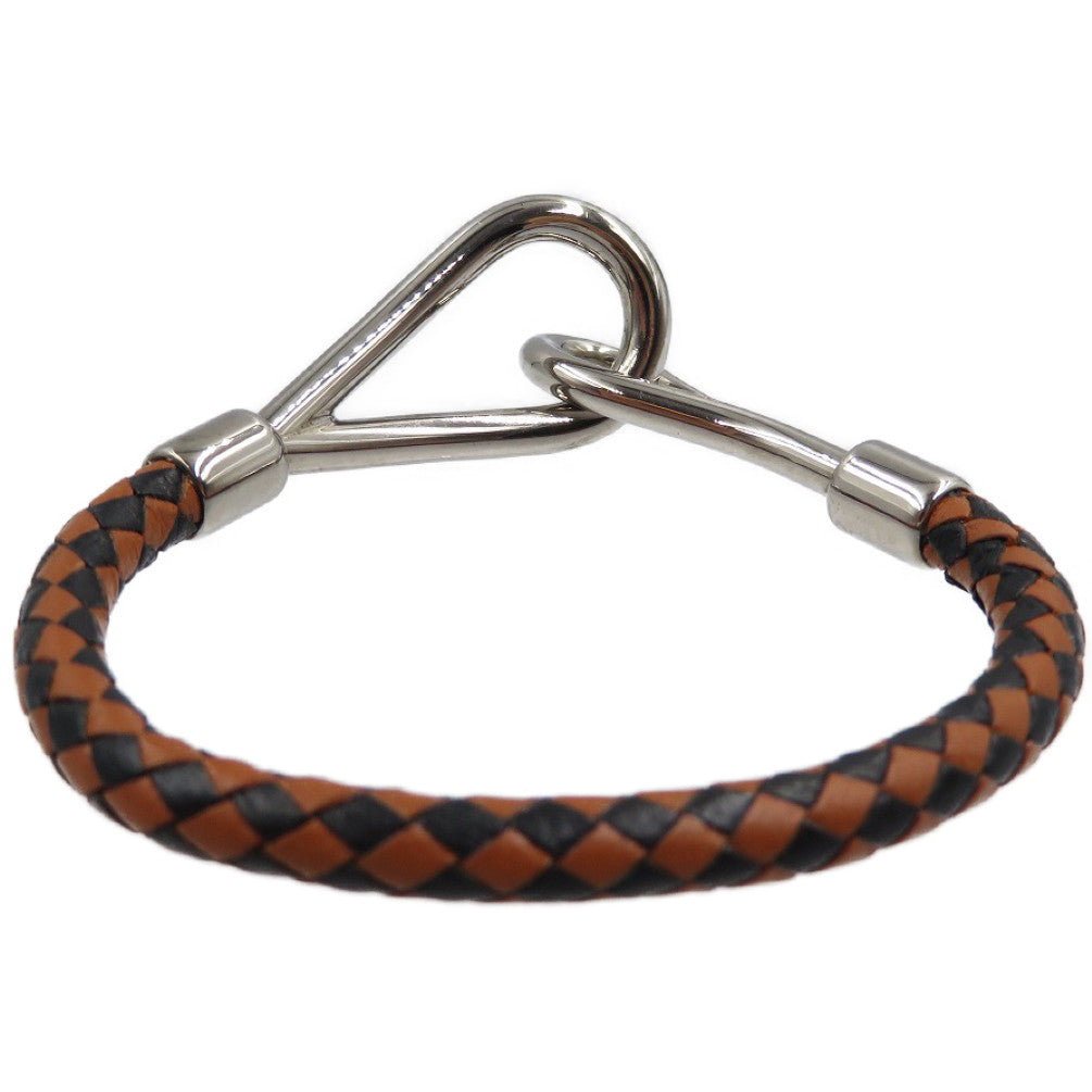 美品 エルメス ジャンボ ブレスレット メッシュ レザー メタル ブラウン ブラック シルバー ブレスレット 0019【中古】HERMES