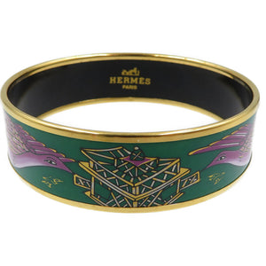 美品 エルメス エマイユGM 七宝焼き 鳥 GP グリーン パープル ゴールド バングル 0040【中古】HERMES